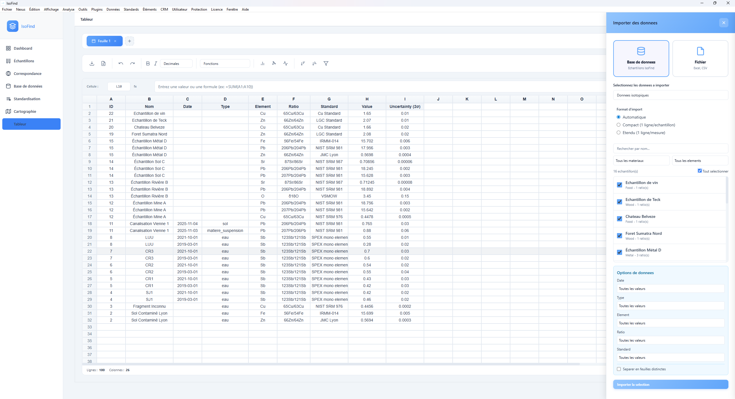 IsoFind integrated spreadsheet