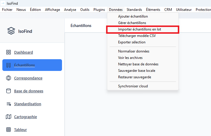 Menu Importer échantillons en lot