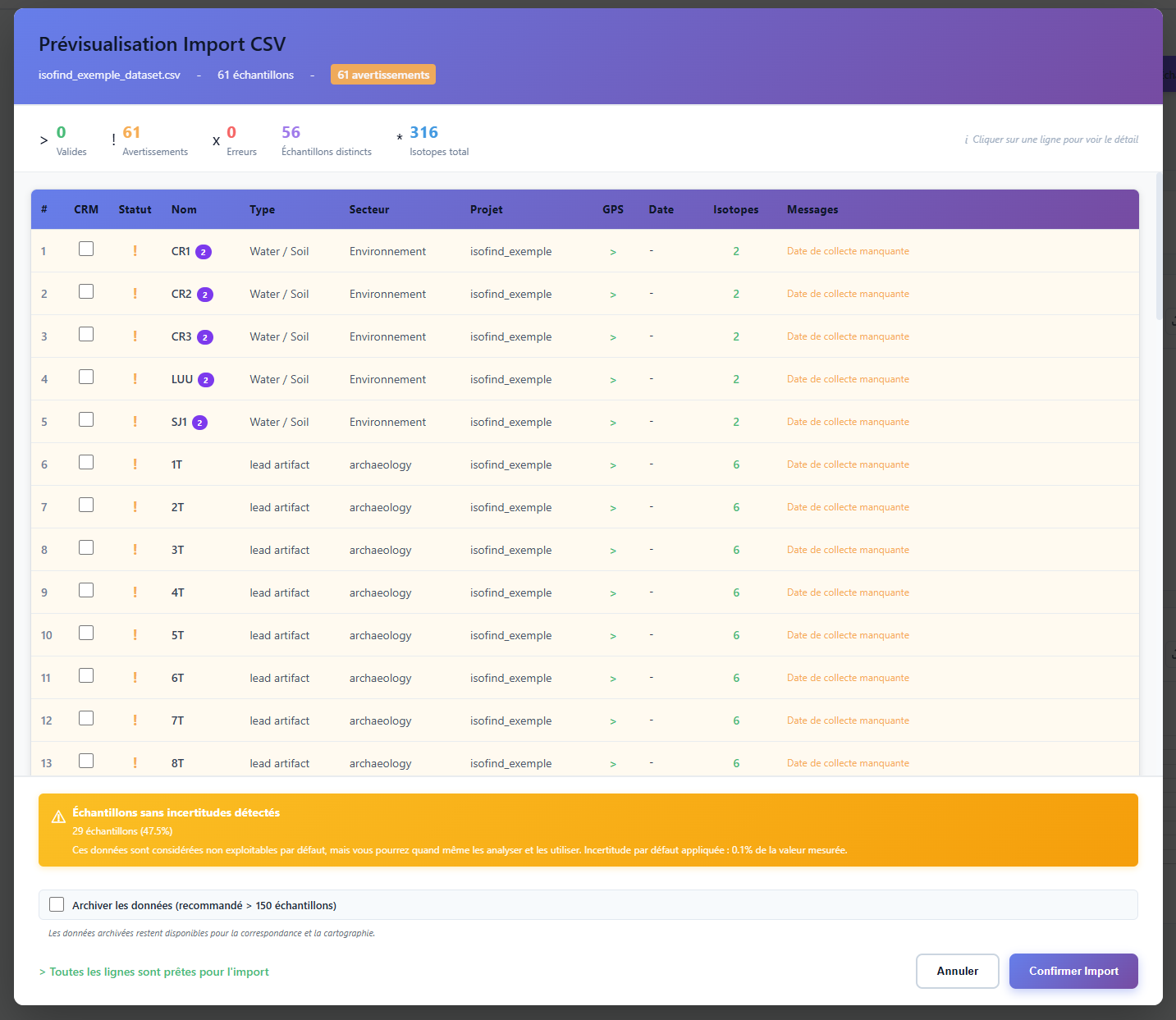 Prévisualisation avec avertissements d'import