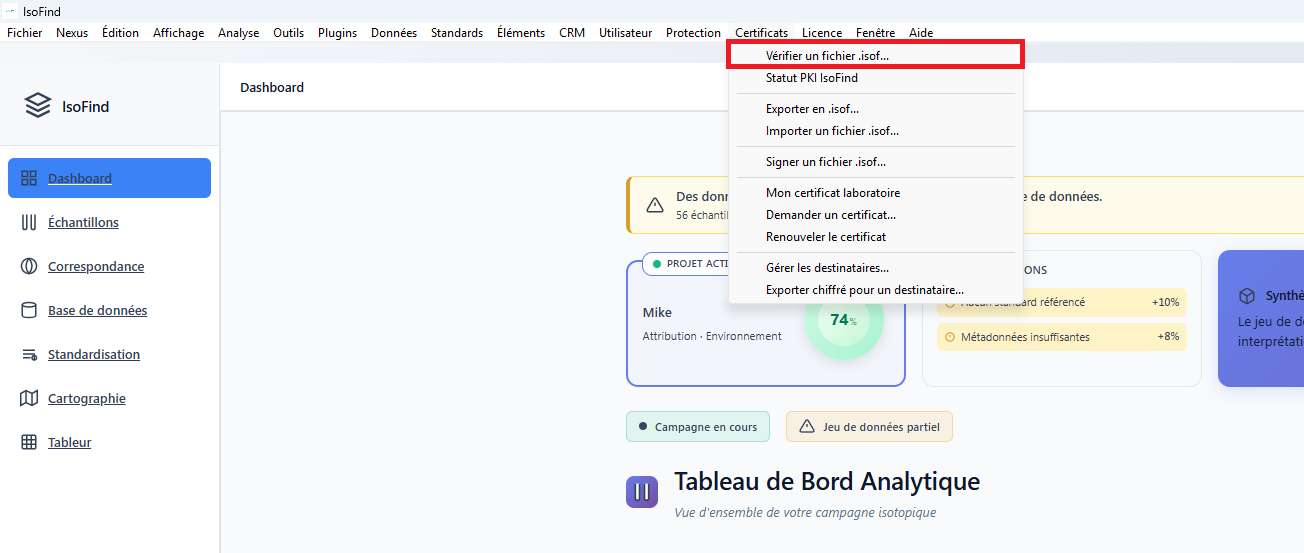 Menu de vérification des fichiers .isof