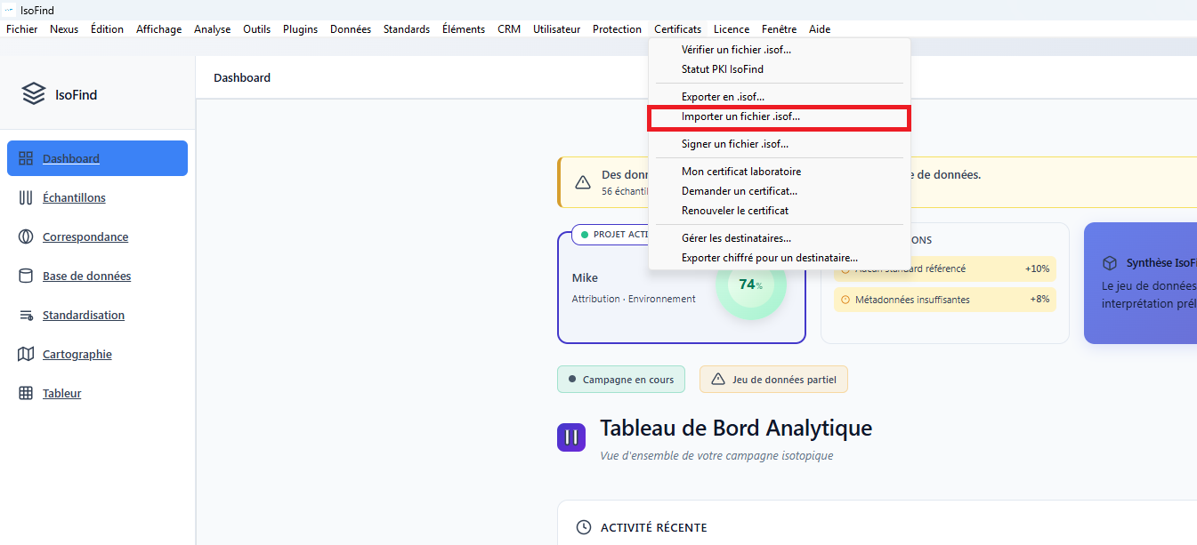 Menu d'import d'un fichier .isof