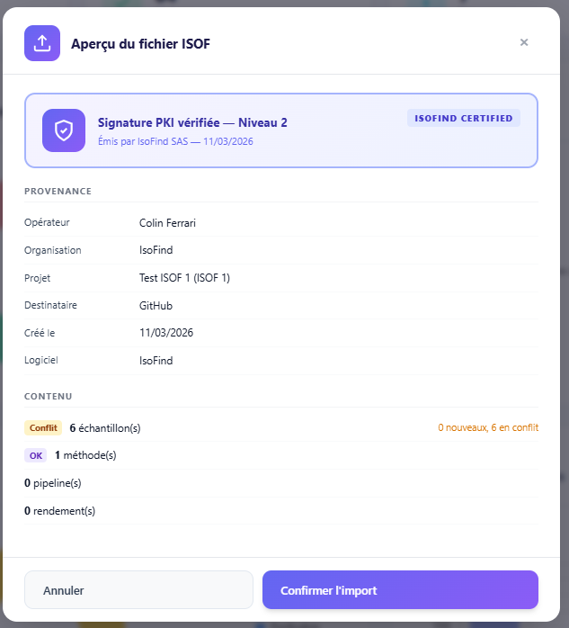 Import avec signature validée
