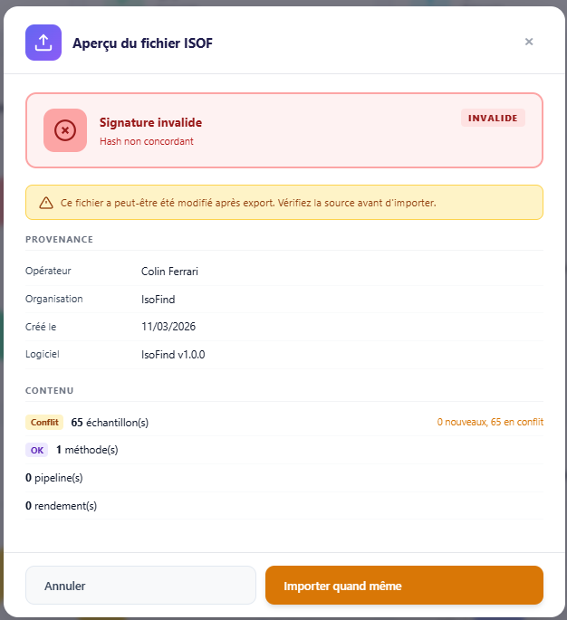 Import avec signature invalide