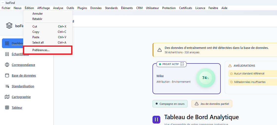 Accès au panneau des préférences
