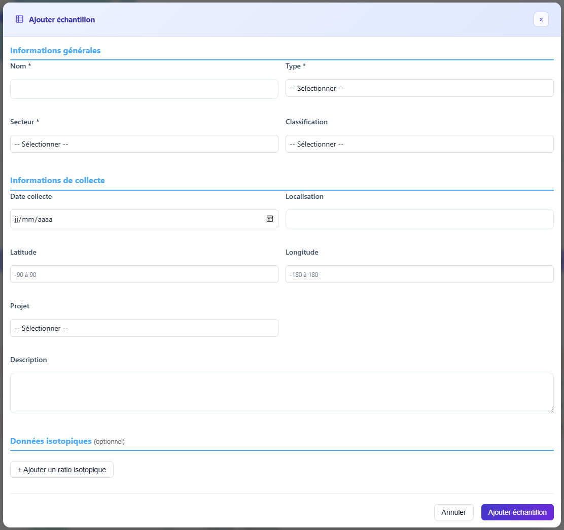 Formulaire de création d'une fiche échantillon