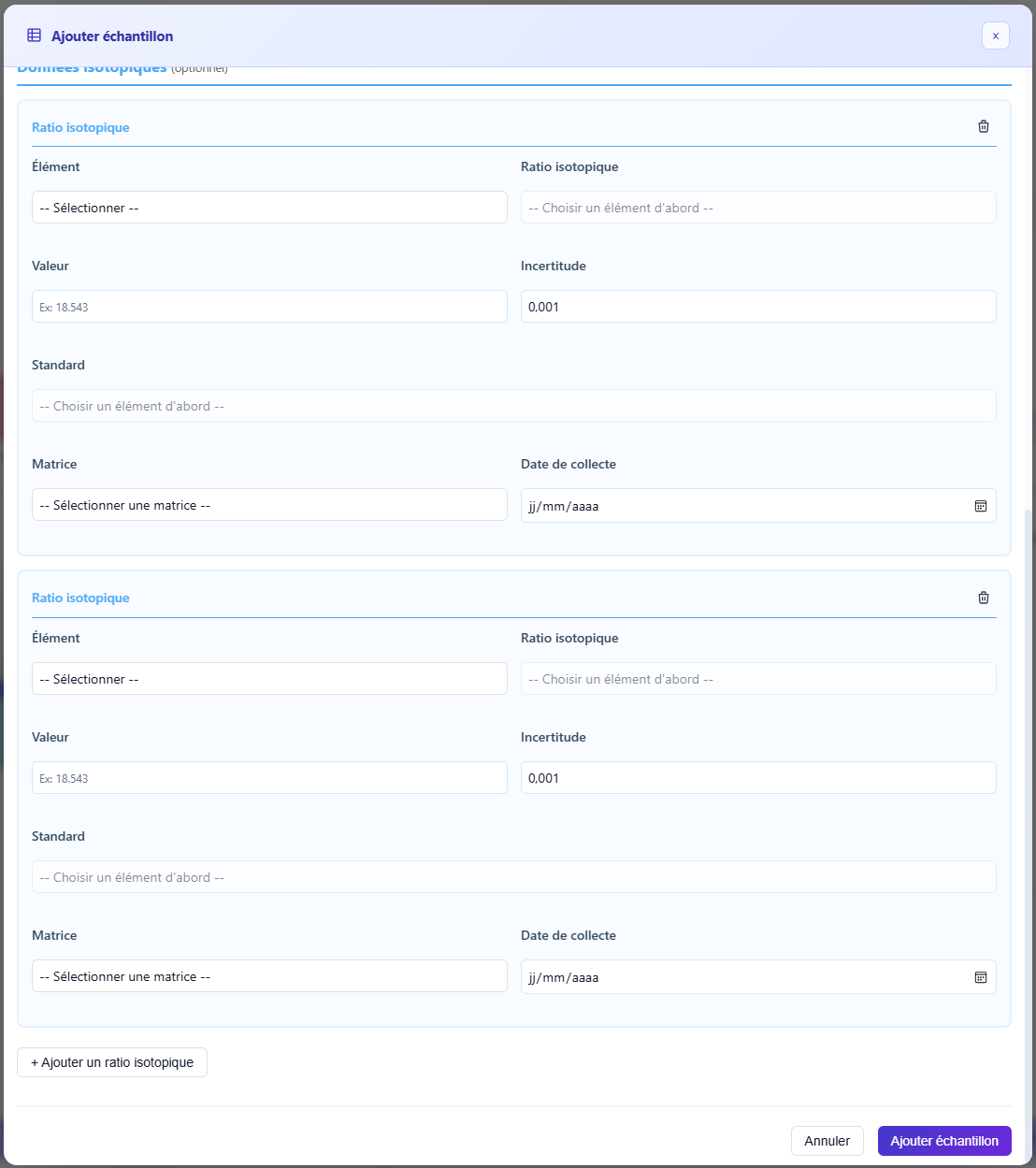 Interface de configuration des ratios et matrices