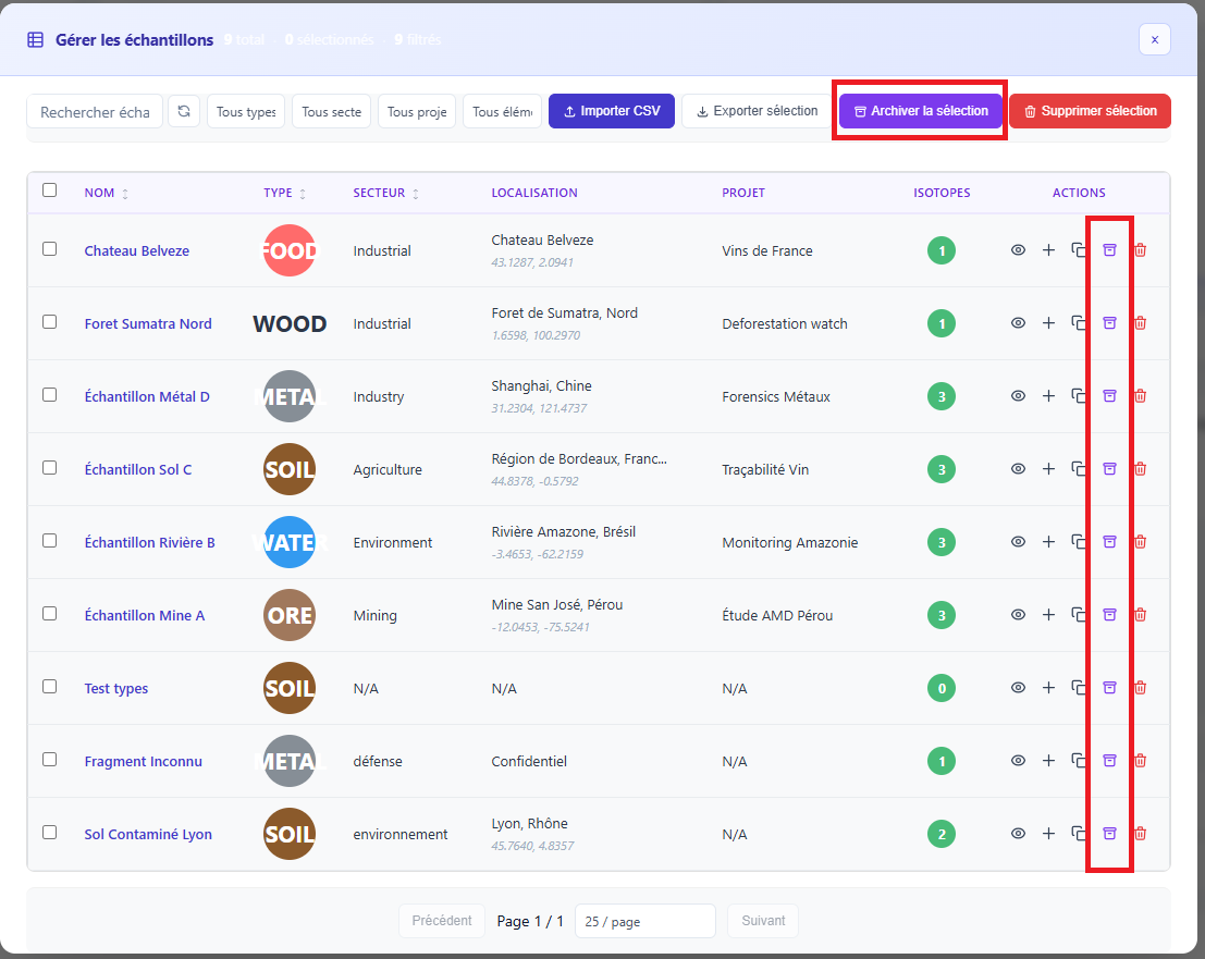 Commandes d'archivage des échantillons