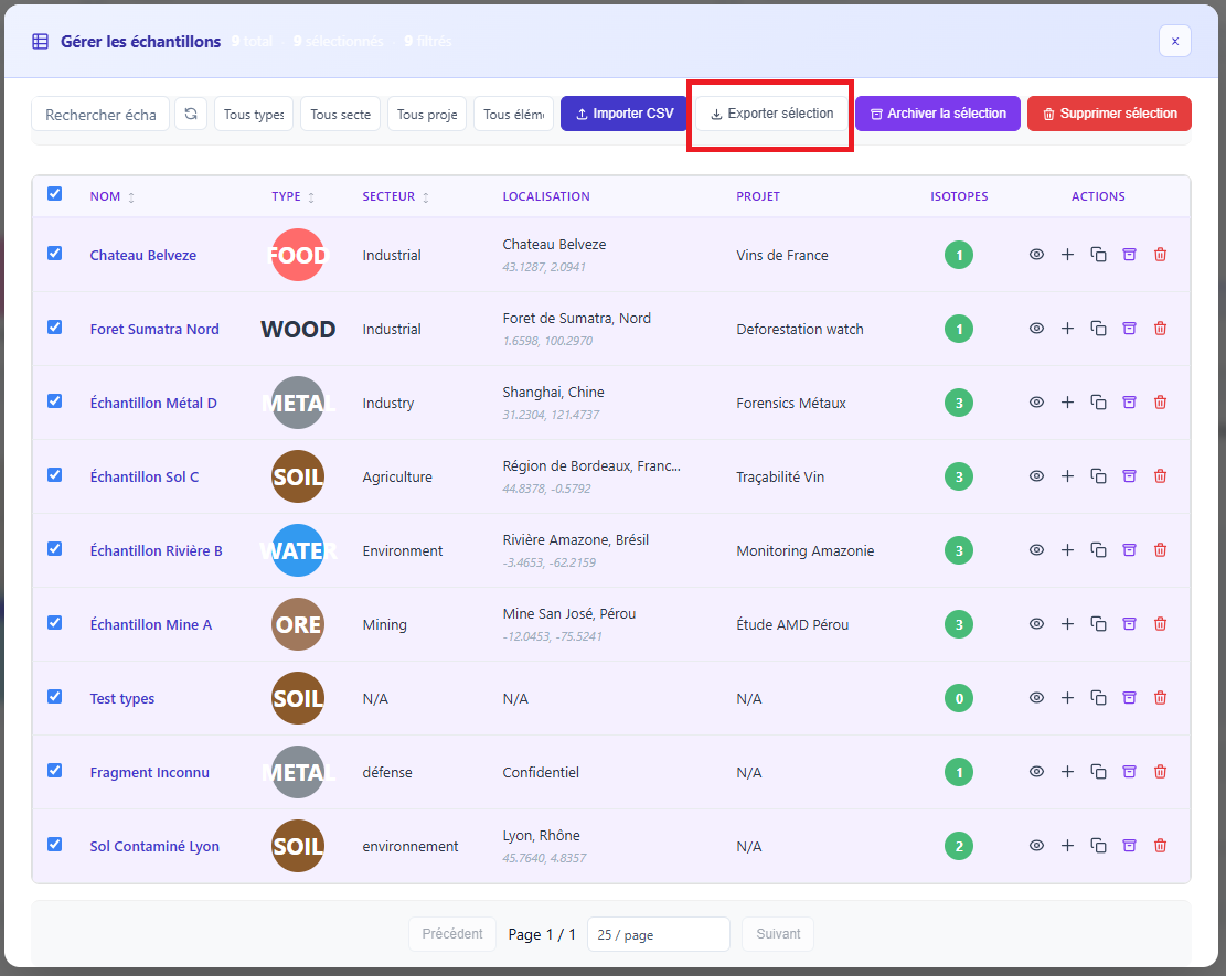Interface d'exportation par lot