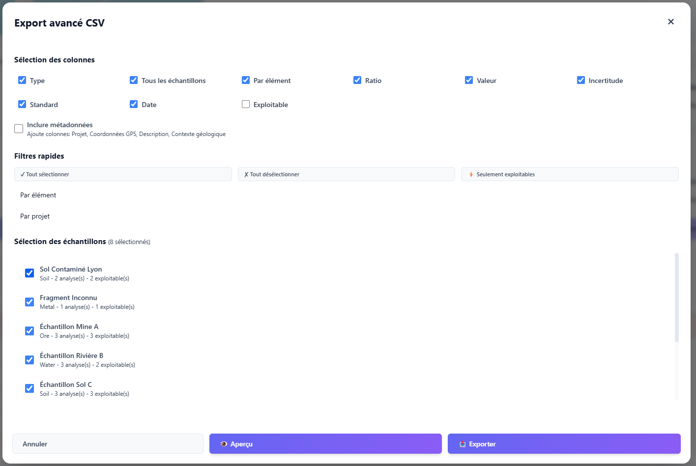 Fenêtre de configuration de l'export avancé
