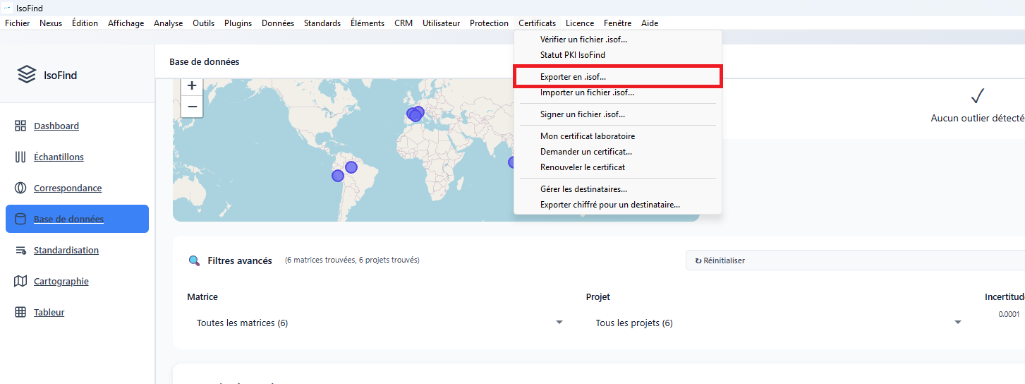 Interface de configuration de l'export ISOF