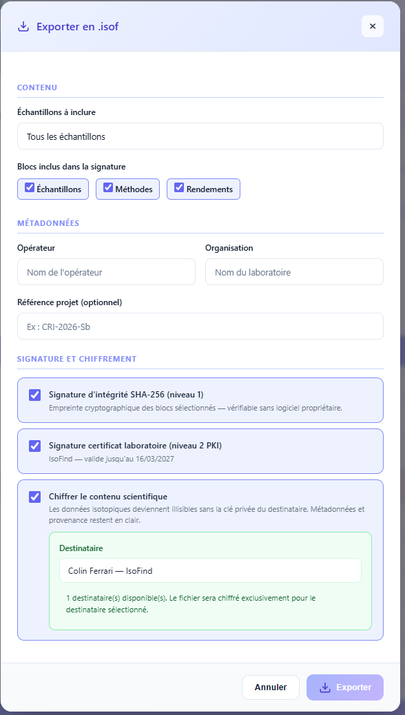 Sélection du destinataire via le Keyring déverrouillé