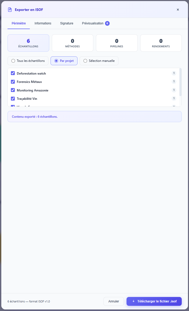 Sélection des entités à inclure dans l'export