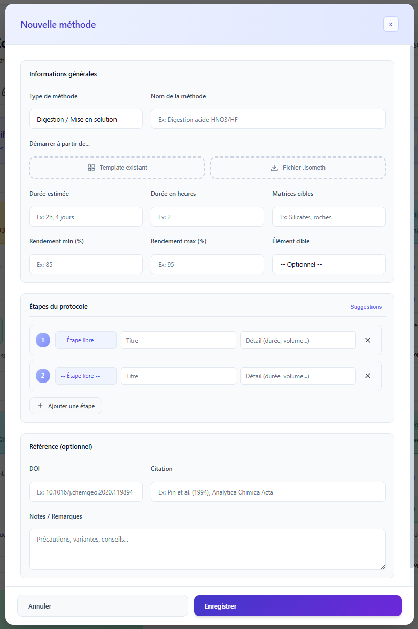 Options de création et d'importation de protocoles