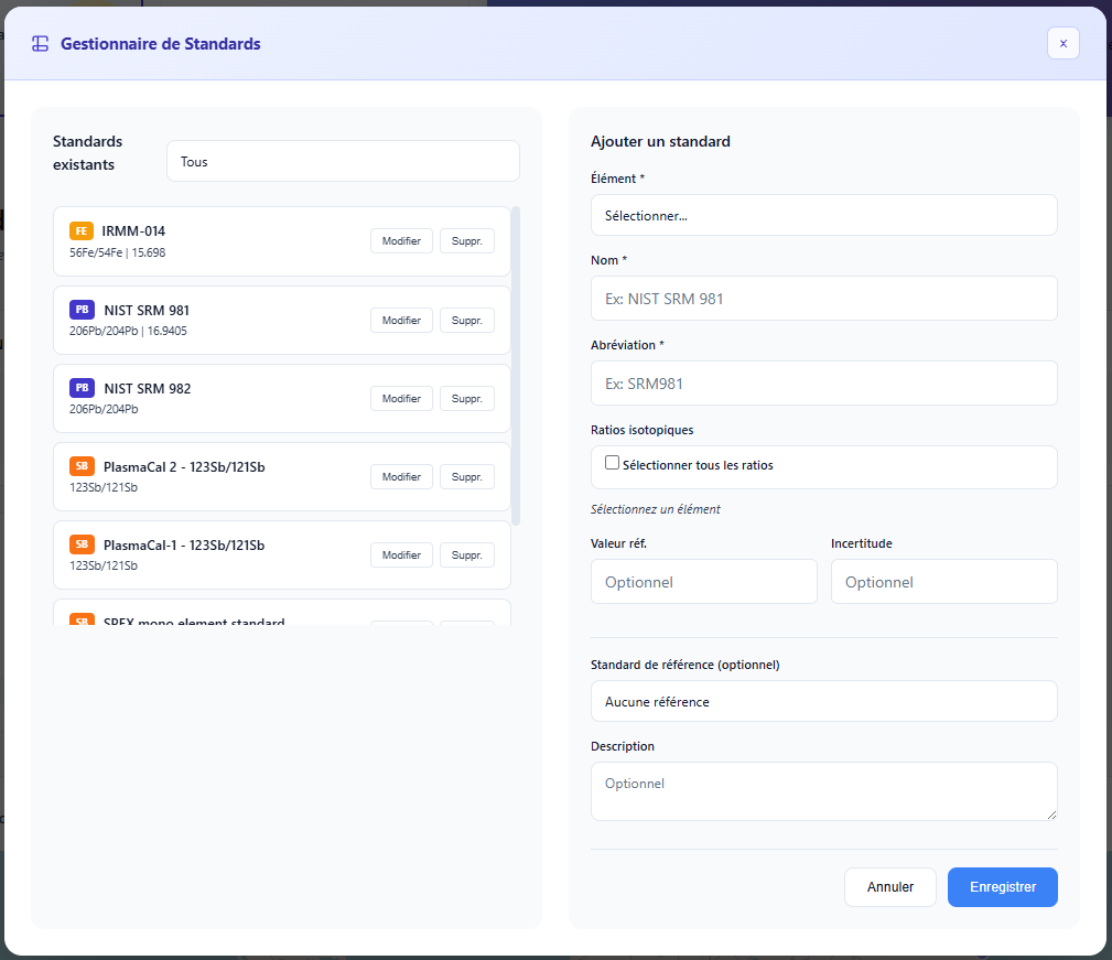 Interface de création et de modification des standards