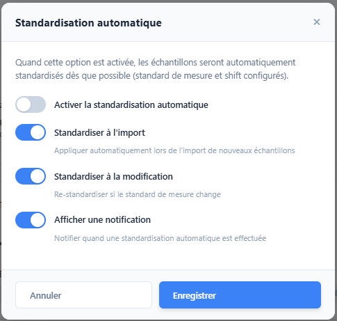 Accès rapide à la configuration de la standardisation