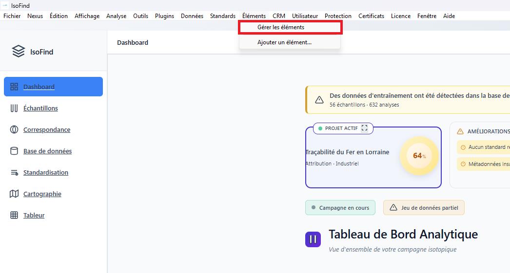 Accès au gestionnaire global des éléments