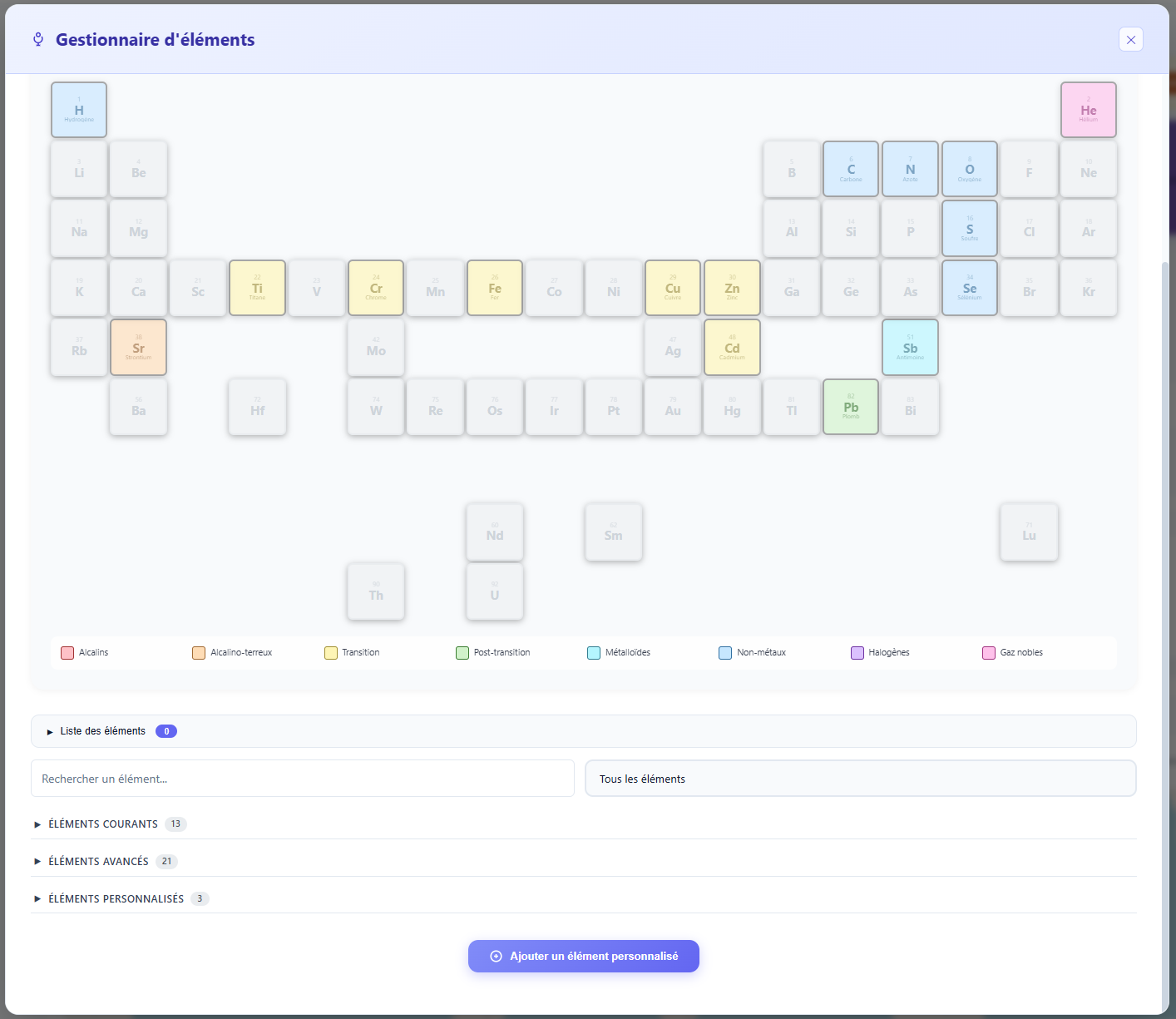 Tableau périodique interactif pour la sélection des systèmes d'intérêt
