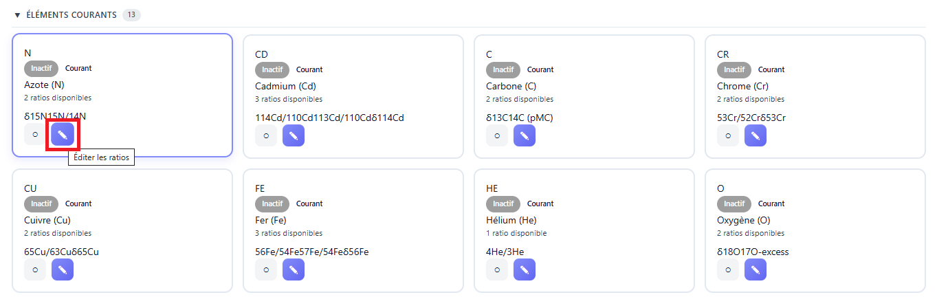 Accès à l'édition des ratios spécifiques d'un élément