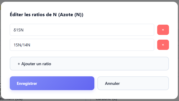 Interface d'ajout et de suppression de ratios isotopiques