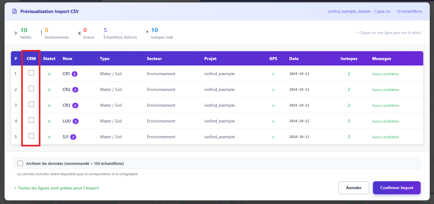 Configuration des témoins CRM lors de l'importation par batch