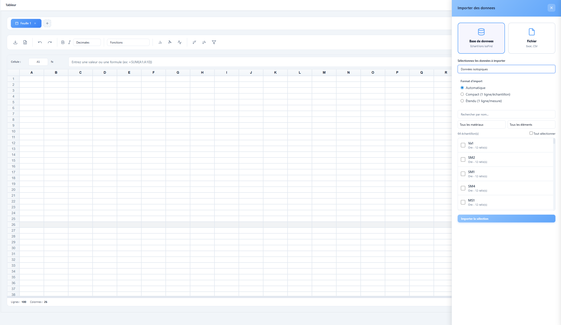 Panneau d'import du tableur