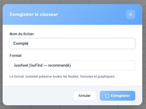 Fenêtre d'enregistrement du classeur