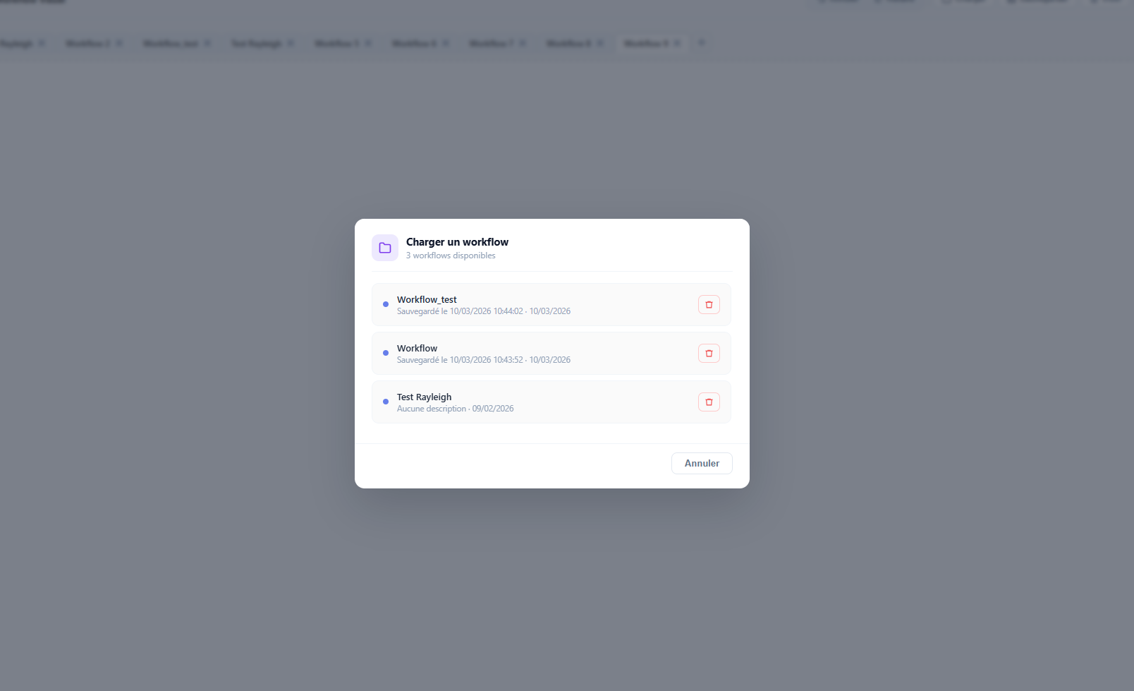 Liste des workflows sauvegardés dans la fenêtre de chargement
