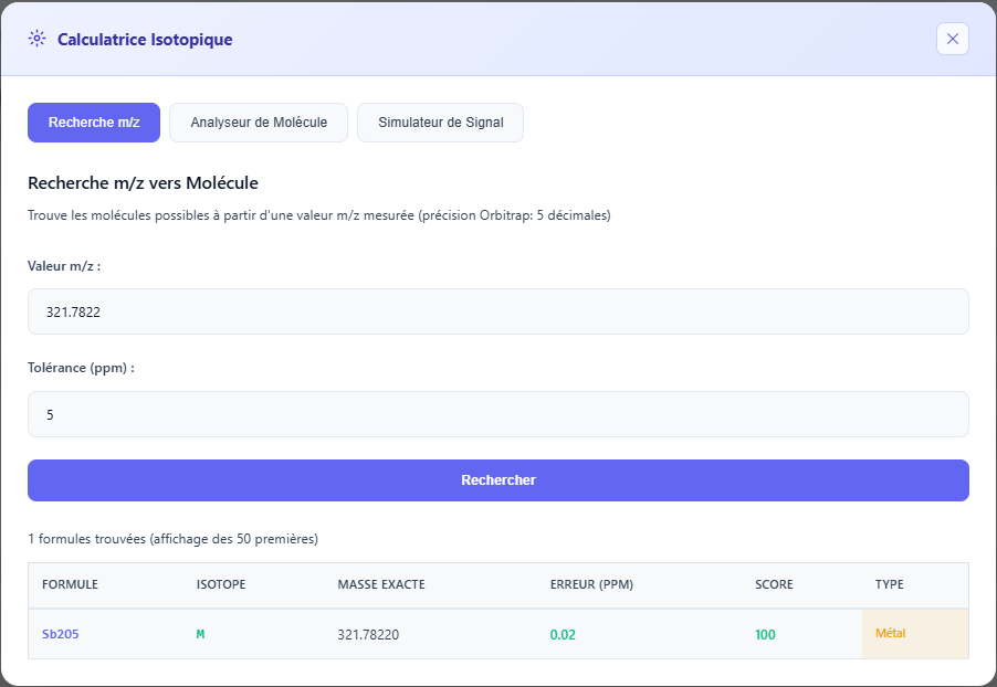 Outil de recherche m/z