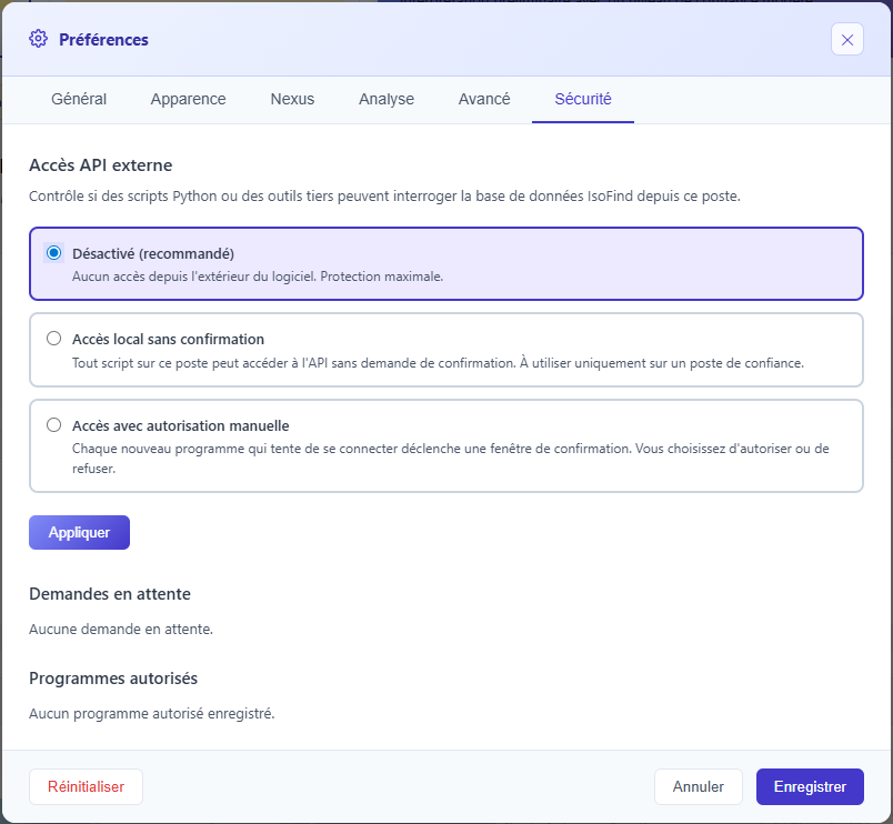 Onglet Sécurité des préférences IsoFind