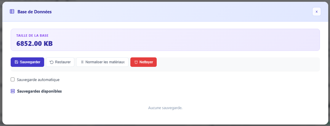 Menu de sauvegarde de la base de données IsoFind