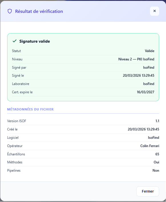Fenêtre de vérification d'intégrité ISOF dans IsoFind