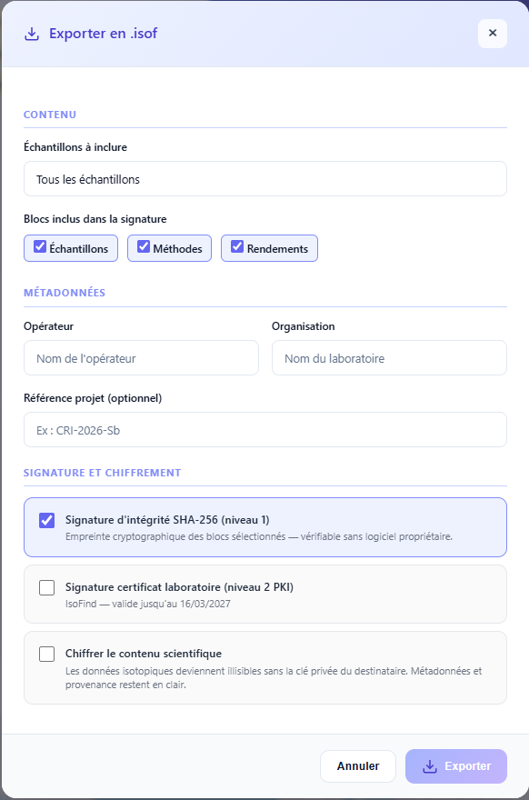 Fenêtre d'export .isof avec options de signature