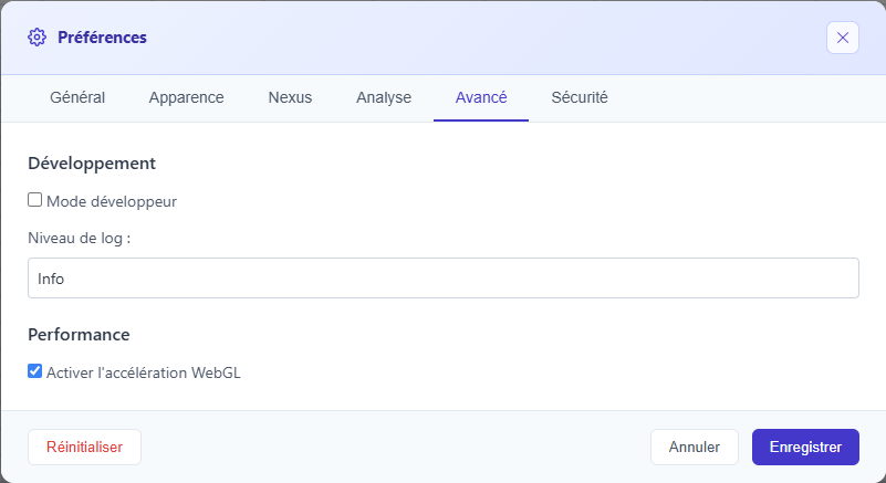 Onglet Avancé des préférences