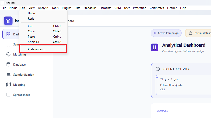 Accessing the preferences panel