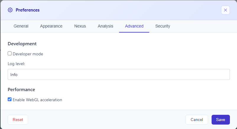 Advanced preferences tab