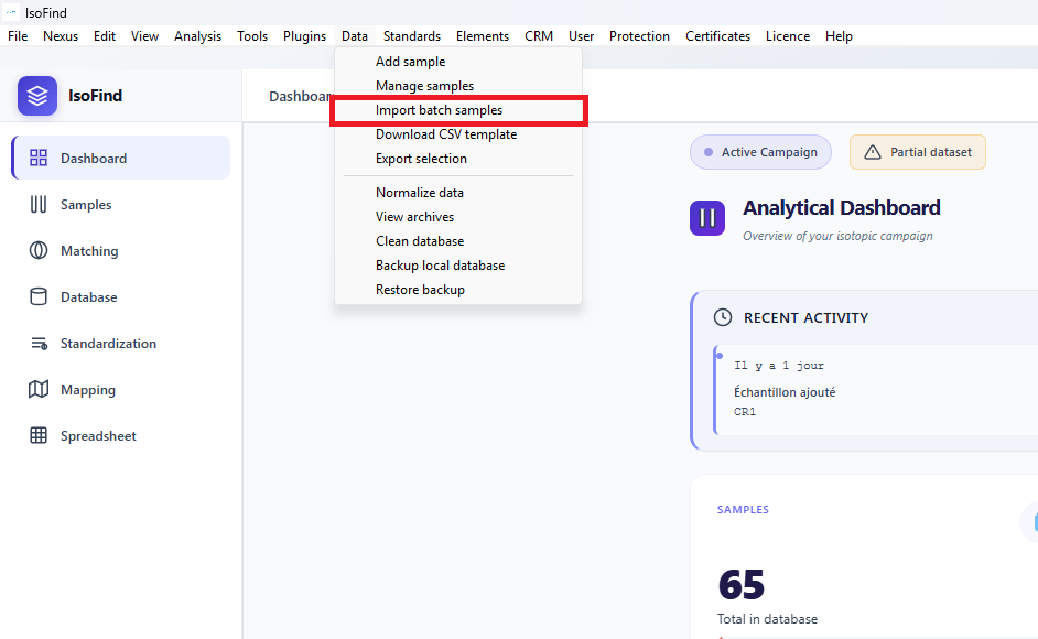 Batch import samples menu