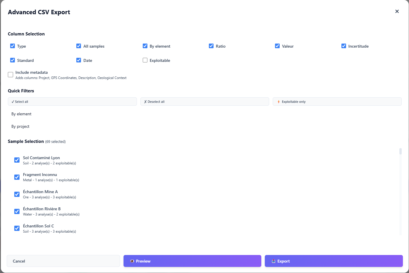 Advanced export configuration window