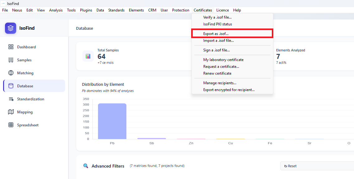 ISOF export configuration interface