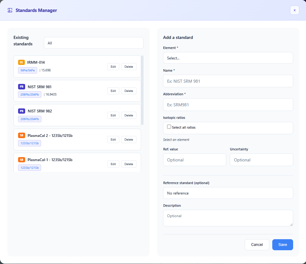 Standard creation and editing interface