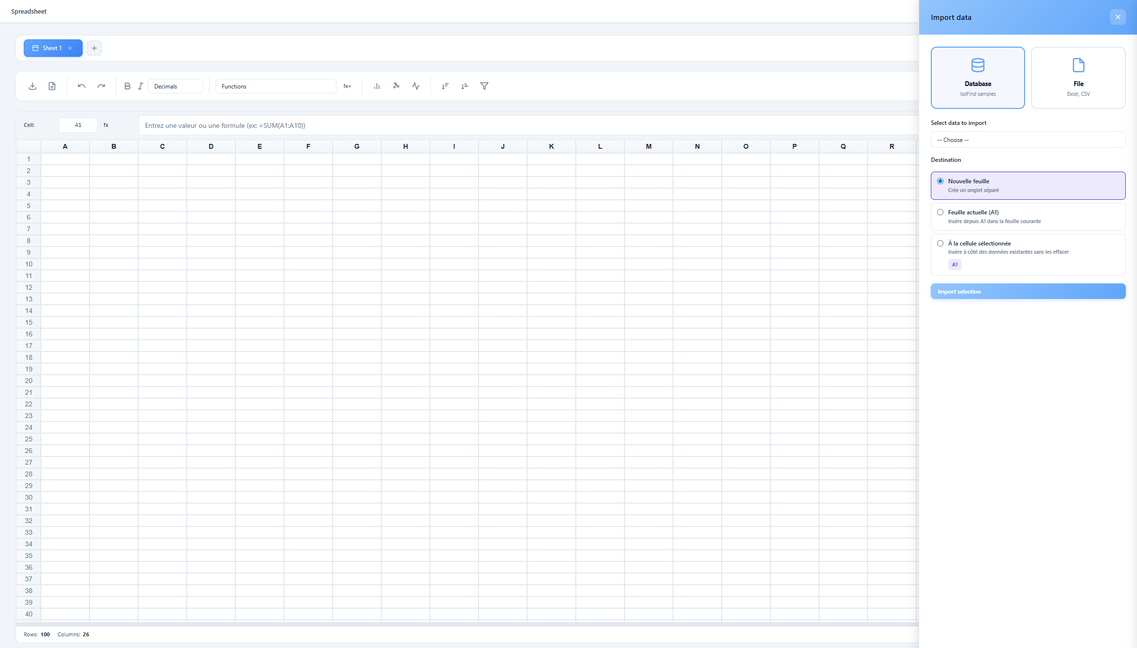 Spreadsheet import panel