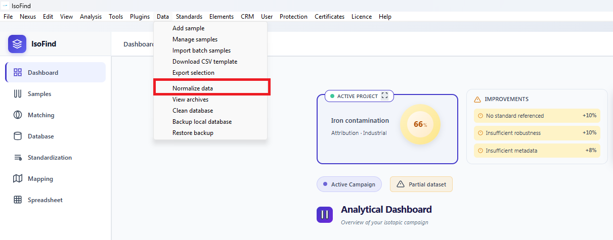 Accessing normalisation functions from the Data menu